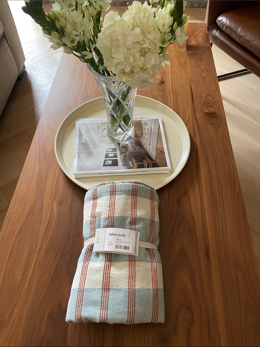 Tablecloth Striped Blue and Cream Tablecloth with Rust Accents